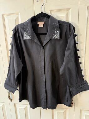 Isaac’s Designs Casuals Black Rhinestone Collar Cutout Sleeve Blouse Size XL